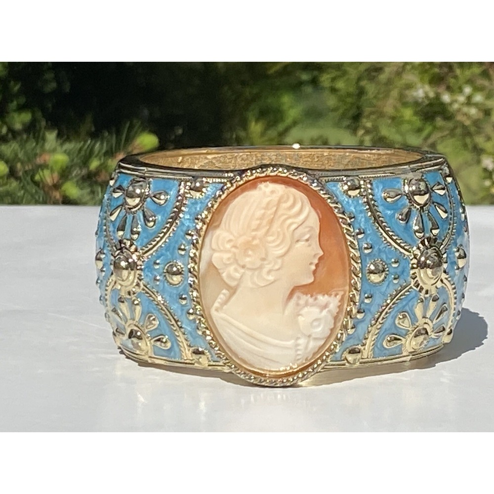 Amedeo NYC HSN 14K Gold Plated Shell Cameo Blue Enamel Bangle Bracelet~ Good Con